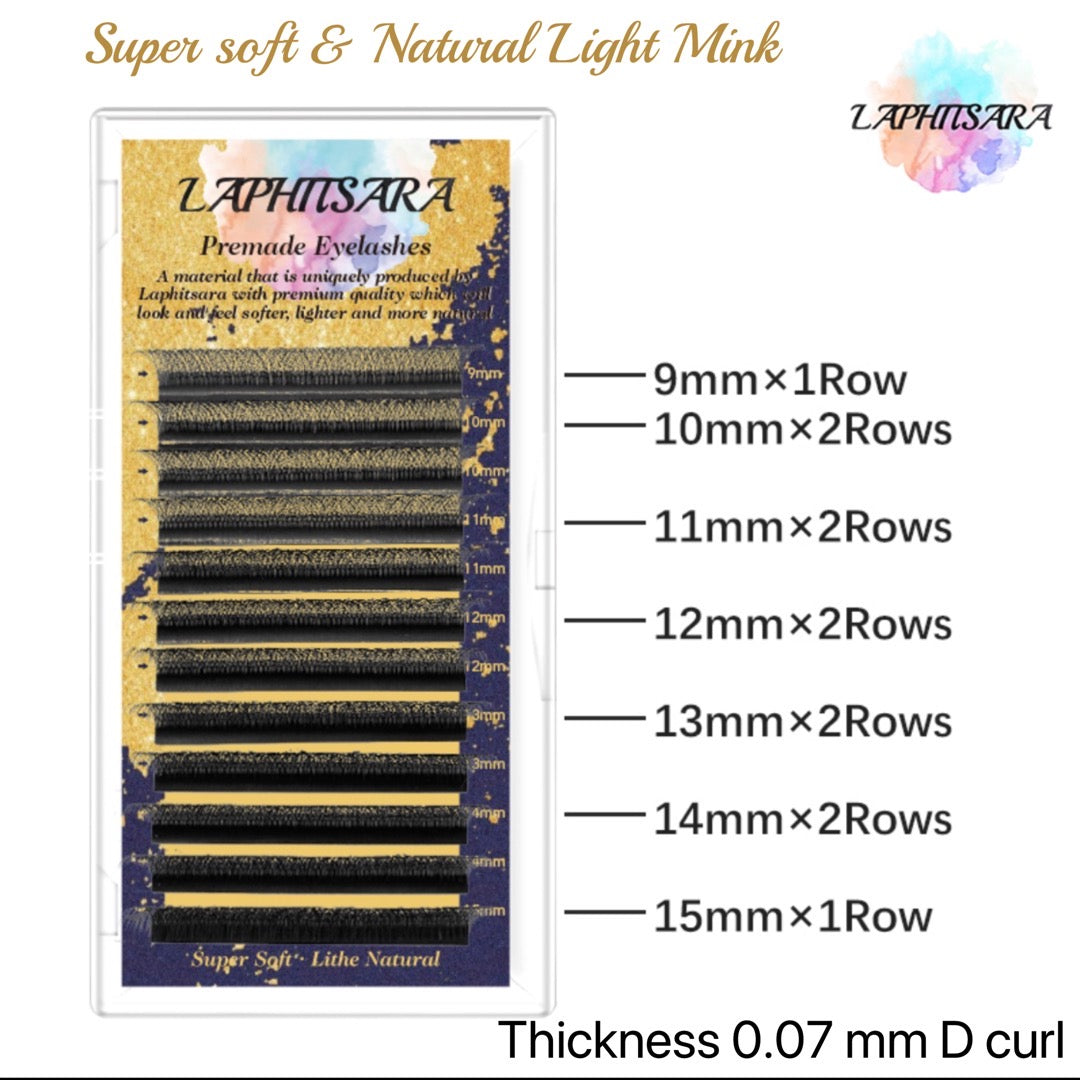 Premade Mink Double Tips 3D (6D W-Shaped) Professional Eyelash Extension  High-Quality Lashes D Curl 9-15mm Mixed tray thickness:0.07mm