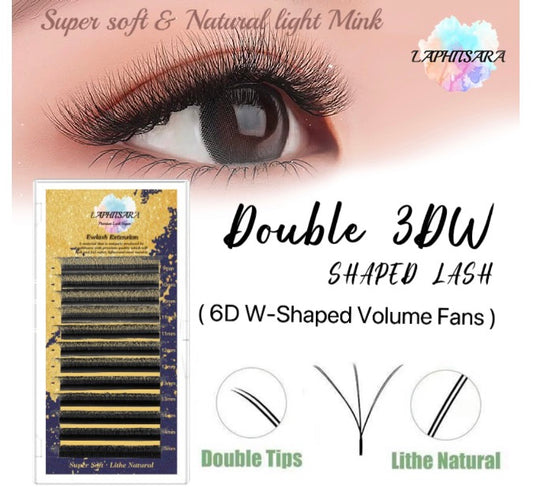 Premade Mink Double Tips 3D (6D W-Shaped) Professional Eyelash Extension  High-Quality Lashes D Curl 9-15mm Mixed tray thickness:0.07mm